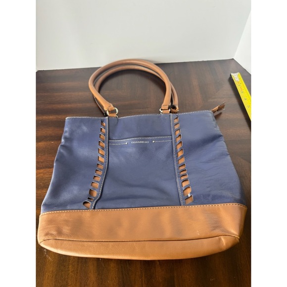 Tignanello Handbags - Tignanello Leather Tote Bag Navy Blue Brown Shoulder Handbag Large